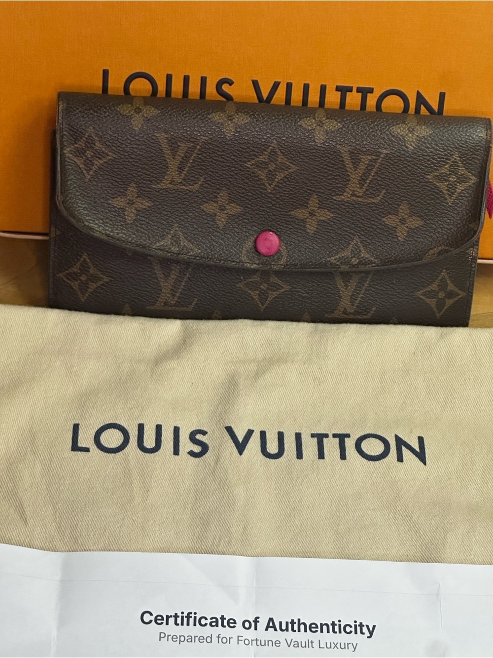 Authentic Louis Vuitton Brown Monogram Wallet with Pink Snap Closur